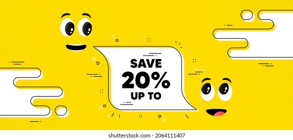 Save up to 20 percent. Cartoon face chat bubble background. Discount Sale offer price sign. Special offer symbol. Discount chat message. Character smile face. Vector