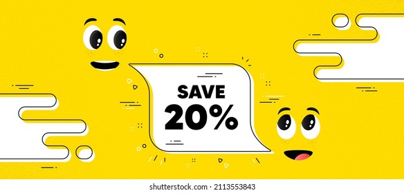 Save 20 percent off. Cartoon face chat bubble background. Sale Discount offer price sign. Special offer symbol. Discount chat message. Character smile face. Vector