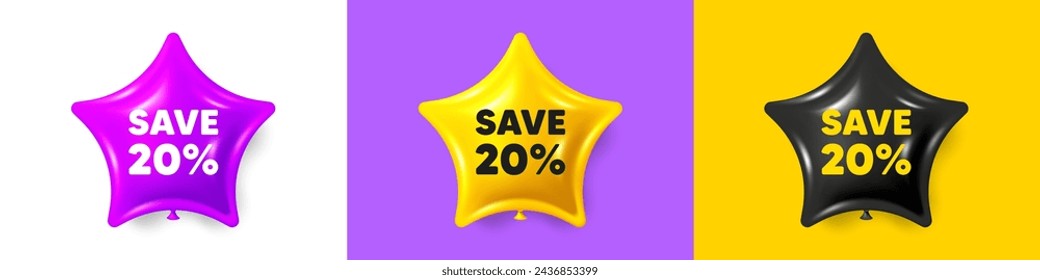 Ahorra un 20% en la etiqueta. Iconos 3d de los globos de la estrella del cumpleaños. Signo de precio de oferta de descuento de venta. Símbolo de oferta especial. Mensaje de texto de descuento. Banners de globo de fiesta con texto. Globo de cumpleaños o venta. Vector