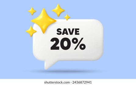 Save 20 percent off tag. 3d speech bubble banner with stars. Sale Discount offer price sign. Special offer symbol. Discount chat speech message. 3d offer talk box. Vector