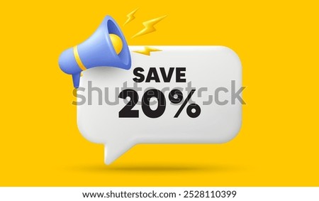 Save 20 percent off tag. 3d speech bubble banner with megaphone. Sale Discount offer price sign. Special offer symbol. Discount chat speech message. 3d offer talk box. Vector