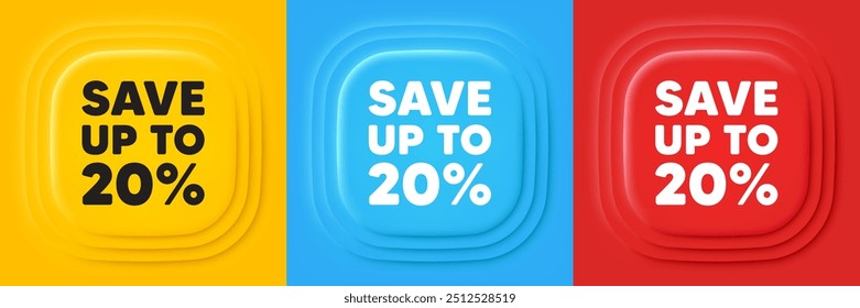 Save up to 20 percent tag. Neumorphic offer banners. Discount Sale offer price sign. Special offer symbol. Discount podium background. Product infographics. Vector