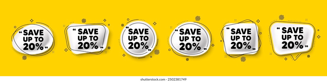 Sparen Sie bis zu 20 Prozent. 3D-Symbole für Sprechblasen. Preisschild für Rabatt-Angebote. Sonderangebotszeichen. Discount Chat-Talknachricht. Sprechblasenbanner mit Komma. Textballons. Vektorgrafik