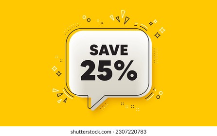 Ahorra el 25% de la etiqueta. Banner amarillo de burbuja de voz 3d. Señal de precio de oferta de descuento de venta. Símbolo de oferta especial. Descuento del mensaje de burbuja de la voz de chat. infografía de la caja de llamadas. Vector