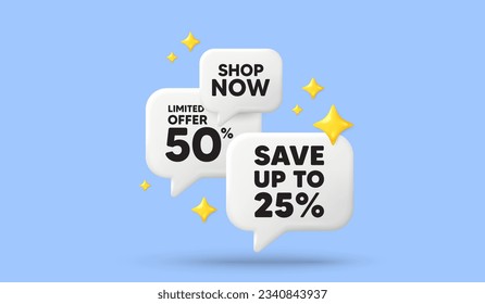 Save up to 25 percent tag. 3d offer chat speech bubbles. Discount Sale offer price sign. Special offer symbol. Discount speech bubble 3d message. Talk box stars banner. Vector