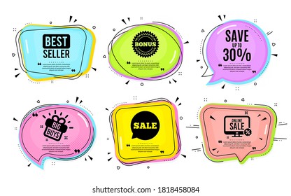 Save up to 30%. Big buys, online shopping. Discount Sale offer price sign. Special offer symbol. Quotation bubble. Banner badge, texting quote boxes. Discount text. Coupon offer. Vector