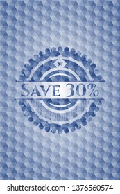 Save 30% blue emblem or badge with abstract geometric polygonal pattern background.