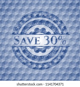 Save 30% blue emblem with geometric pattern background.