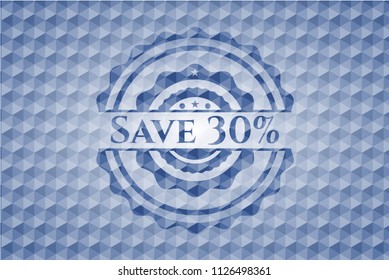 Save 30% blue polygonal badge.