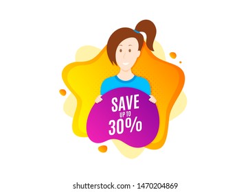 Save up to 30%. Cut out people badge. Discount Sale offer price sign. Special offer symbol. Dynamic shape offer. Discount text. Cut out people dynamic banner. Worker person badge. Vector