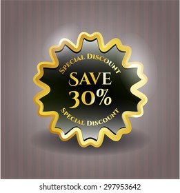 Ahorre el 30% del emblema dorado brillante