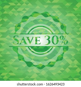 Save 30% green emblem. Mosaic background. Vector Illustration. Detailed.