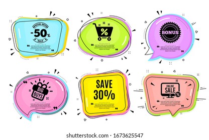 Save 30% off. Big buys, online shopping. Sale Discount offer price sign. Special offer symbol. Quotation bubble. Banner badge, texting quote boxes. Discount text. Coupon offer. Vector