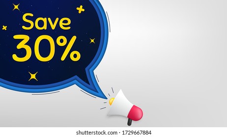 Ahorra un 30% de descuento. Banner megáfono con burbuja de habla. Señal de precio de oferta de descuento de venta. Símbolo de oferta especial. Altavoz con burbuja de chat. Concepto de estrellas nocturnas. Texto de promoción de descuento. Vector