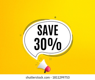 Ahorra un 30% de descuento. Banner megáfono con burbuja de chat. Señal de precio de oferta de descuento de venta. Símbolo de oferta especial. Altavoz con burbuja de habla. Texto de promoción de descuento. Cartel de los medios sociales. Vector