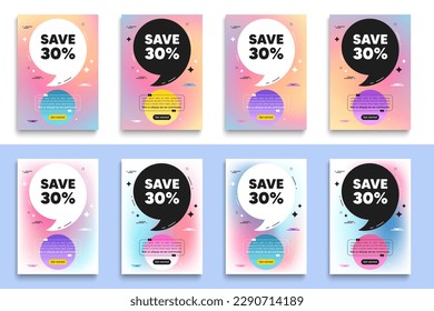 Save 30 percent off tag. Poster frame with quote. Sale Discount offer price sign. Special offer symbol. Discount flyer message with comma. Gradient blur background posters. Vector