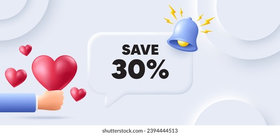 Ahorra el 30% de la etiqueta. Fondo neutral con burbuja de habla. Señal de precio de oferta de descuento de venta. Símbolo de oferta especial. Mensaje de voz de descuento. Cartel con corazones 3d. Vector