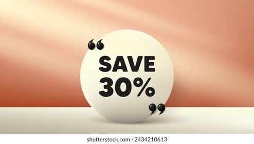 Save 30 percent off tag. Circle frame, product stage background. Sale Discount offer price sign. Special offer symbol. Discount round frame message. Minimal design offer scene. Vector