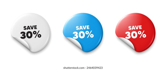 Save 30 percent off tag. Price tag sticker with offer message. Sale Discount offer price sign. Special offer symbol. Sticker tag banners. Discount label badge. Vector