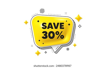 Guardar 30 por ciento de descuento. Icono de burbuja 3d de voz de chat. Oferta de descuento Precio signo. Símbolo de oferta especial. Mensaje de chat de descuento. Anuncio de burbuja de voz con rayas. Globo de texto amarillo. Vector