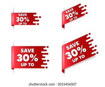 Sparen Sie bis zu 30 Prozent. Banner-Set mit rotem Band. Preisschild für den Rabattverkauf. Sonderangebot-Symbol. Rabattmarkierungsbanner für Bandbanner. Rotes Etikett. Vektorgrafik