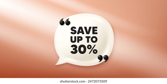 Guardar hasta un 30 por ciento. Anuncio 3d de burbuja de voz de chat. Descuento Oferta oferta Precio signo. Símbolo de oferta especial. Mensaje de chat de descuento. Anuncio rojo de la burbuja del habla. Globo de texto. Vector