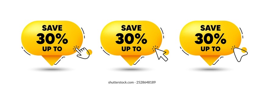 Save up to 30 percent tag. Click here buttons. Discount Sale offer price sign. Special offer symbol. Discount speech bubble chat message. Talk box infographics. Vector