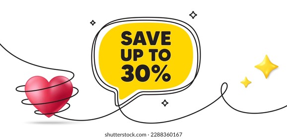 Guardar hasta un 30 por ciento de etiqueta. Banner continuo de arte en línea. Indicador de precio de oferta de venta de descuento. Símbolo de oferta especial. Fondo de burbuja de habla de descuento. Icono de 3d corazón envuelto. Vector