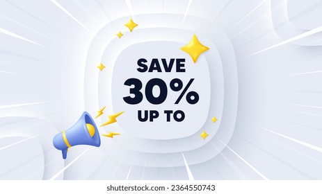 Save up to 30 percent tag. Neumorphic banner with sunburst. Discount Sale offer price sign. Special offer symbol. Discount message. Banner with 3d megaphone. Circular neumorphic template. Vector
