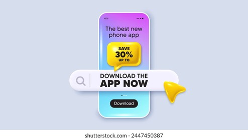 Speichern Bis zu 30 Prozent Tag. Telefon-Mockup-Bildschirm. Jetzt die App Herunterladen. Rabatt Sale Angebot Preis Zeichen. Symbol für Sonderangebote. Herunterladene App-Suchleiste des Telefons. Rabatt-Textnachricht. Vektorgrafik