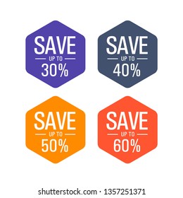 Save up to 30%,40%,50%,60% tag, label for your promotion sale. 