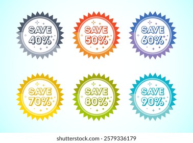 Save 40, 50, 60, 70, 80, and 90 percent icon, banner, sticker for business, marketing and advertising