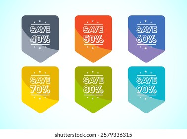 Save 40, 50, 60, 70, 80, and 90 percent icon, banner, sticker for business, marketing and advertising