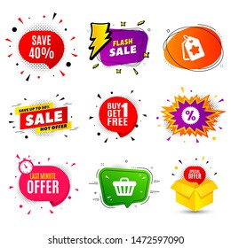 Save 40% off. Banner badge, flash sale bubble. Sale Discount offer price sign. Special offer symbol. Last minute offer. Sticker badge, comic bubble. Discounts box. Vector