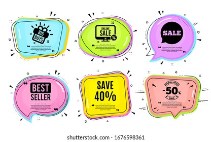 Sparen Sie 40 % Rabatt. Große Käufe, Online-Shopping. Preisschild zum Verkaufspreis. Sonderangebot-Symbol. Quotationsblase. Banner-Badge, SMS-Anführungskästen. Rabatt auf Text. Coupon-Angebot. Vektorillustration