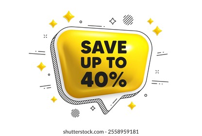 Save up to 40 percent. Chat speech bubble 3d icon. Discount Sale offer price sign. Special offer symbol. Discount chat message. Speech bubble banner with stripes. Yellow text balloon. Vector