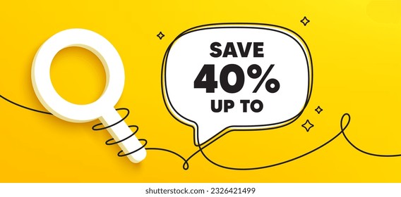 Save up to 40 percent. Continuous line chat banner. Discount Sale offer price sign. Special offer symbol. Discount speech bubble message. Wrapped 3d search icon. Vector
