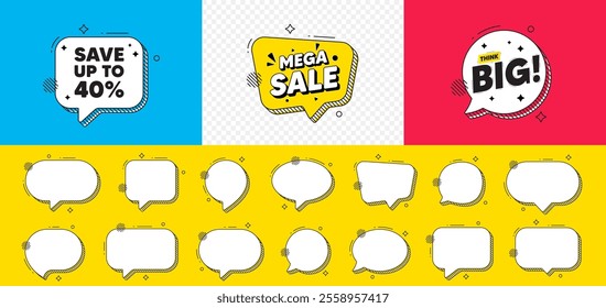 Save up to 40 percent. Mega sale chat speech bubble. Discount Sale offer price sign. Special offer symbol. Discount chat message. Think big speech bubble banner. Offer text balloon. Vector