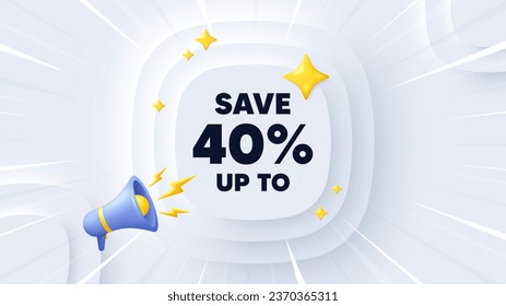 Save up to 40 percent. Neumorphic banner with sunburst. Discount Sale offer price sign. Special offer symbol. Discount message. Banner with 3d megaphone. Circular neumorphic template. Vector