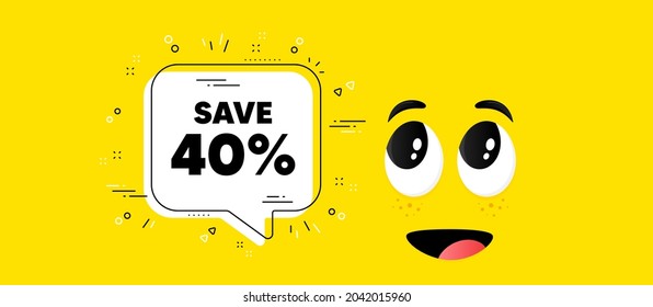 Ahorre un 40%. Caricatura frente al fondo de la burbuja de chat. Señal de precio de oferta de descuento de venta. Símbolo de oferta especial. Mensaje de chat de descuento. Sonrisa de carácter en segundo plano. Vector