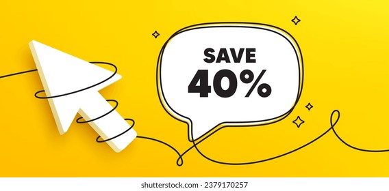 Sparen Sie 40 % Rabatt auf den Tag. Chat-Banner mit kontinuierlicher Verbindung. Preisschild zum Verkaufspreis. Sonderangebot-Symbol. Discount-Sprechblase-Nachricht. 3D-Cursor-Symbol gestrichen. Vektorgrafik