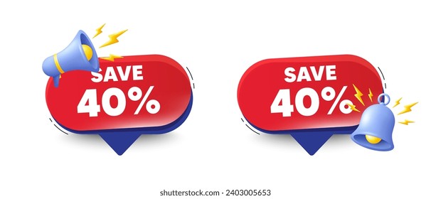 Save 40 percent off tag. Speech bubbles with 3d bell, megaphone. Sale Discount offer price sign. Special offer symbol. Discount chat speech message. Red offer talk box. Vector