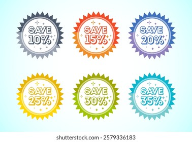 Save 5, 10, 15, 20, 25, and 30 percent icon, banner, sticker for business, marketing and advertising