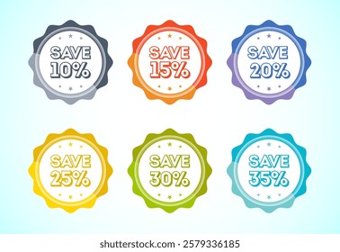 Save 5, 10, 15, 20, 25, and 30 percent icon, banner, sticker for business, marketing and advertising