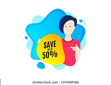 Save up to 50%. Cut out people badge. Discount Sale offer price sign. Special offer symbol. Dynamic shape offer. Discount text. Cut out people dynamic banner. Worker person badge. Vector