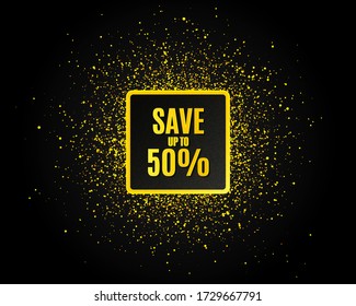 Sparen Sie bis zu 50 %. Golden Glitter Muster. Discount Sale Angebot Preisschild. Symbol für Sonderangebote. Schwarzes Banner mit goldenen Funkeln. Rabattwerbung Goldener Glanzeffekt. Vector