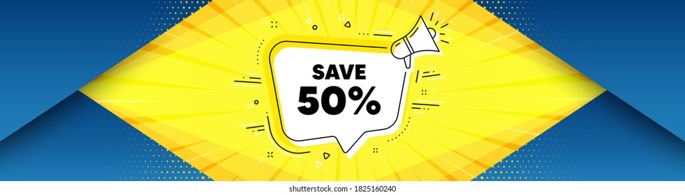 Save 50% off. Background with offer speech bubble. Sale Discount offer price sign. Special offer symbol. Best advertising coupon banner. Discount badge shape message. Vector