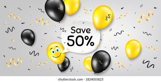 Save 50% off. Balloon confetti vector background. Sale Discount offer price sign. Special offer symbol. Smile balloon background. Discount message. Celebrate birthday banner. Vector