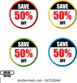 Save 50% off, Button, label and sign - Vector illustration