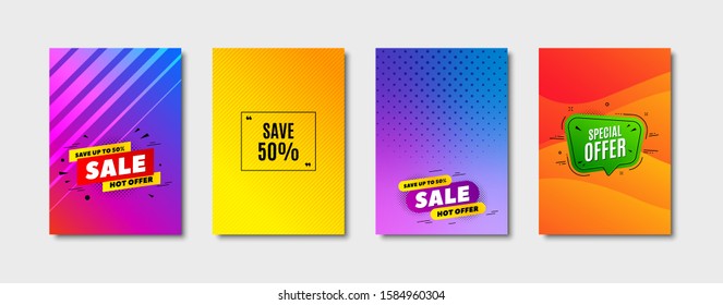 Save 50% off. Cover design, banner badge. Sale Discount offer price sign. Special offer symbol. Poster template. Sale, hot offer discount. Flyer or cover background. Coupon, banner design. Vector